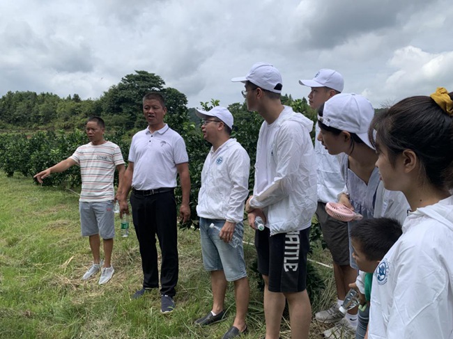 實(shí)踐隊(duì)在村主任伍玉炎帶領(lǐng)下參觀贛南臍橙種植園。福建船政交通職業(yè)學(xué)院供圖